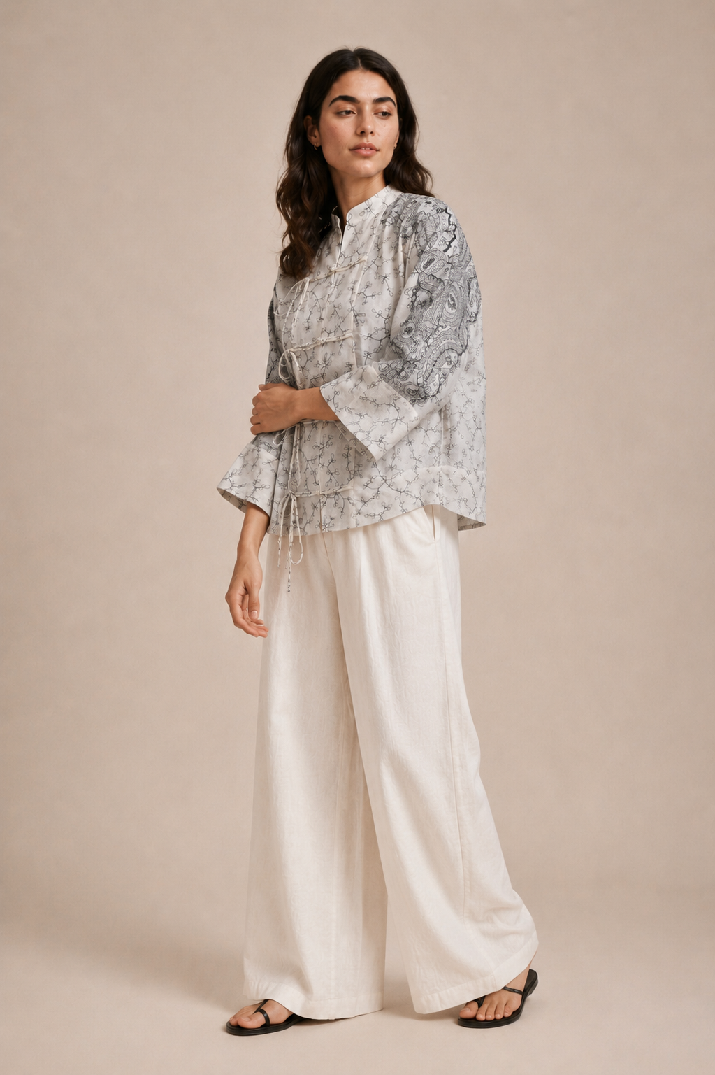 Oversized Embroidered Tie-Front Top