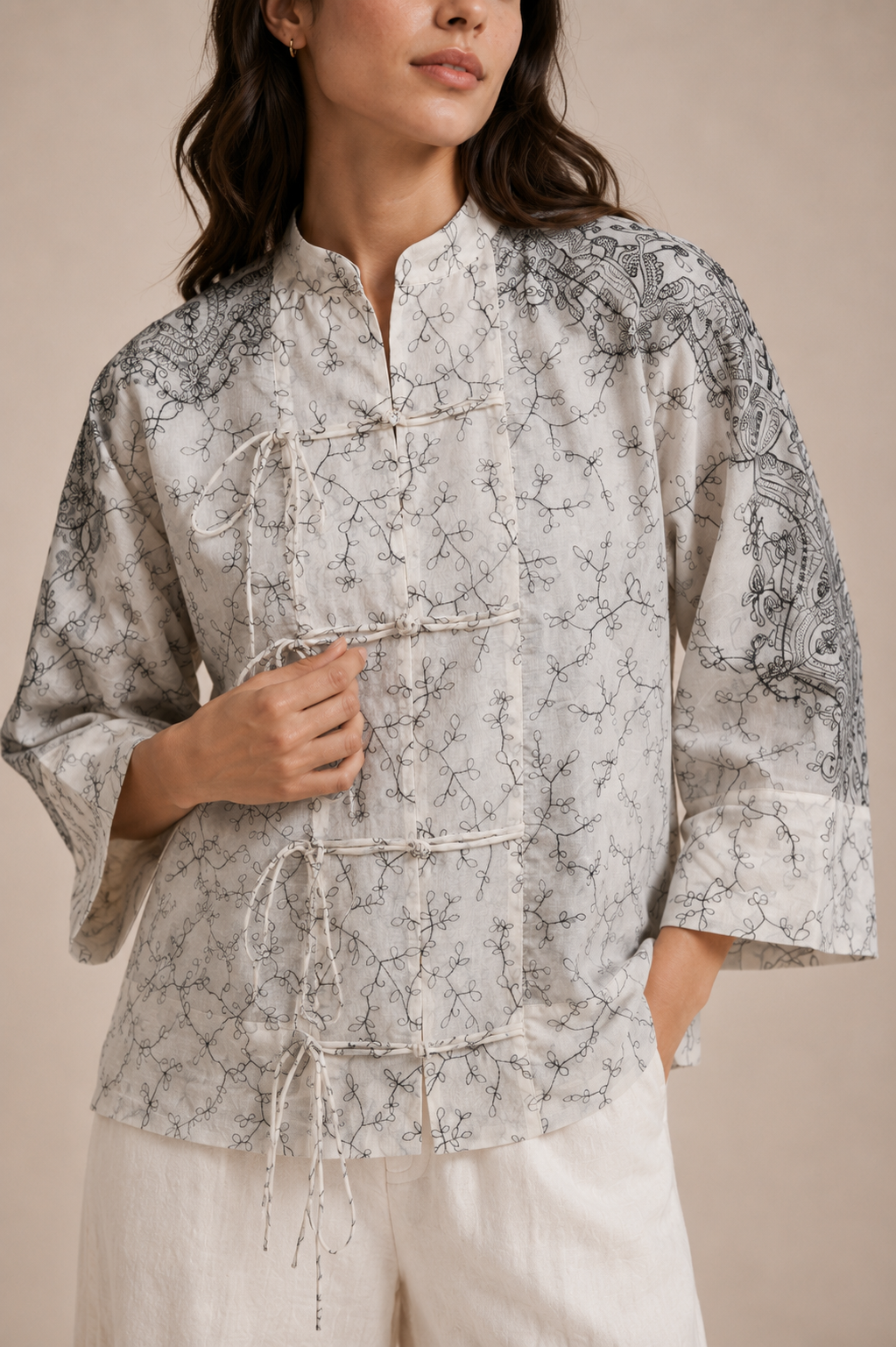 Oversized Embroidered Tie-Front Top