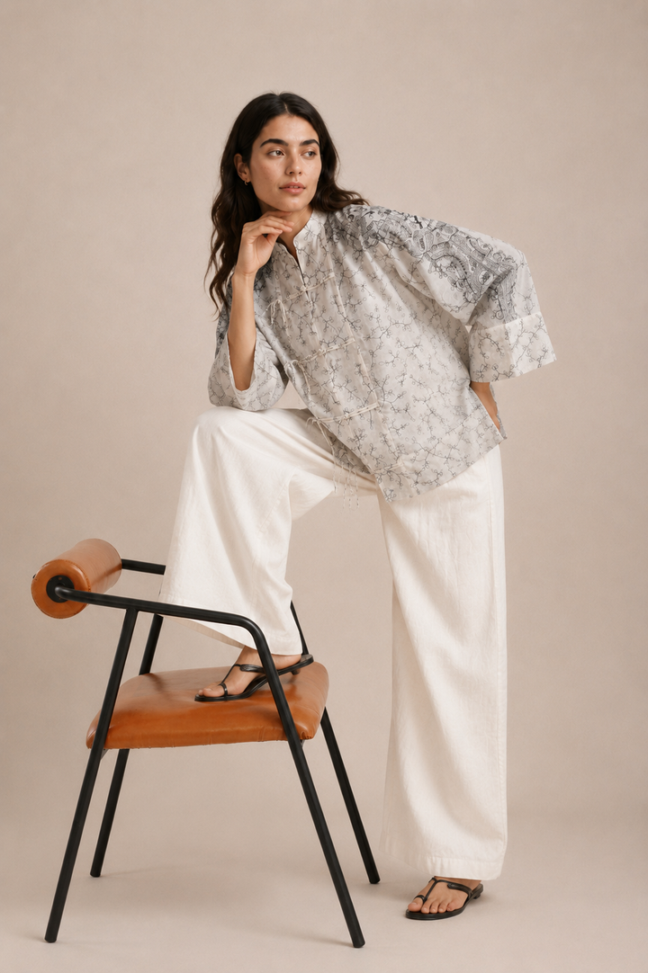 Oversized Embroidered Tie-Front Top