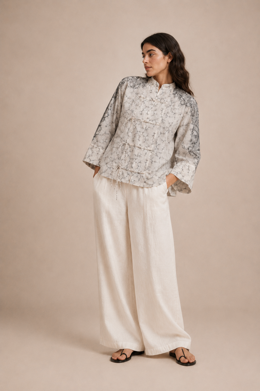 Oversized Embroidered Tie-Front Top