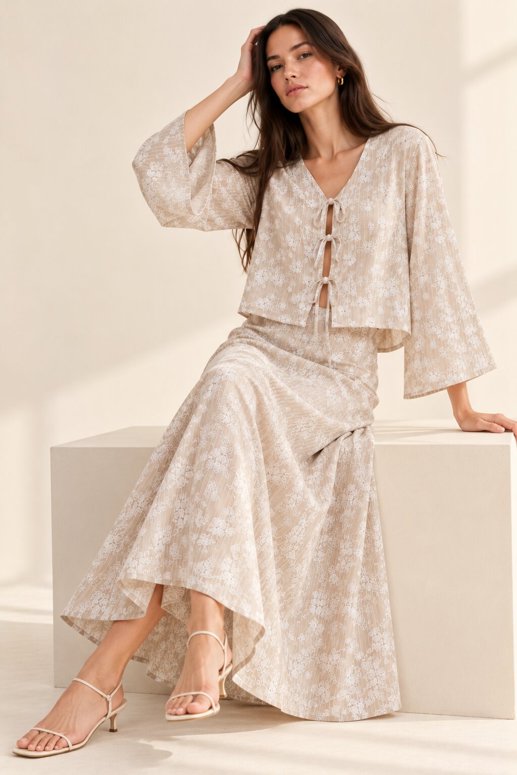 Taupe Floral Stripe Tie-Front Top and Maxi Skirt Co-Ord Set