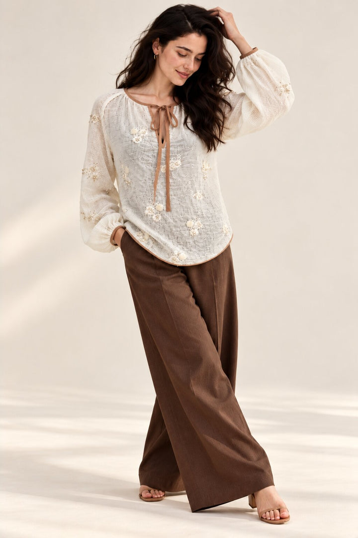 Ivory Floral Sequin Embellished Blouse with Tie-Up Neckline