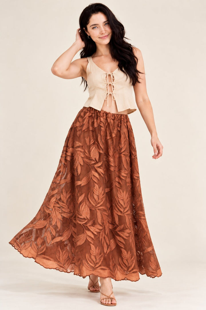 Rust Brown Leaf Embroidered Maxi Skirt
