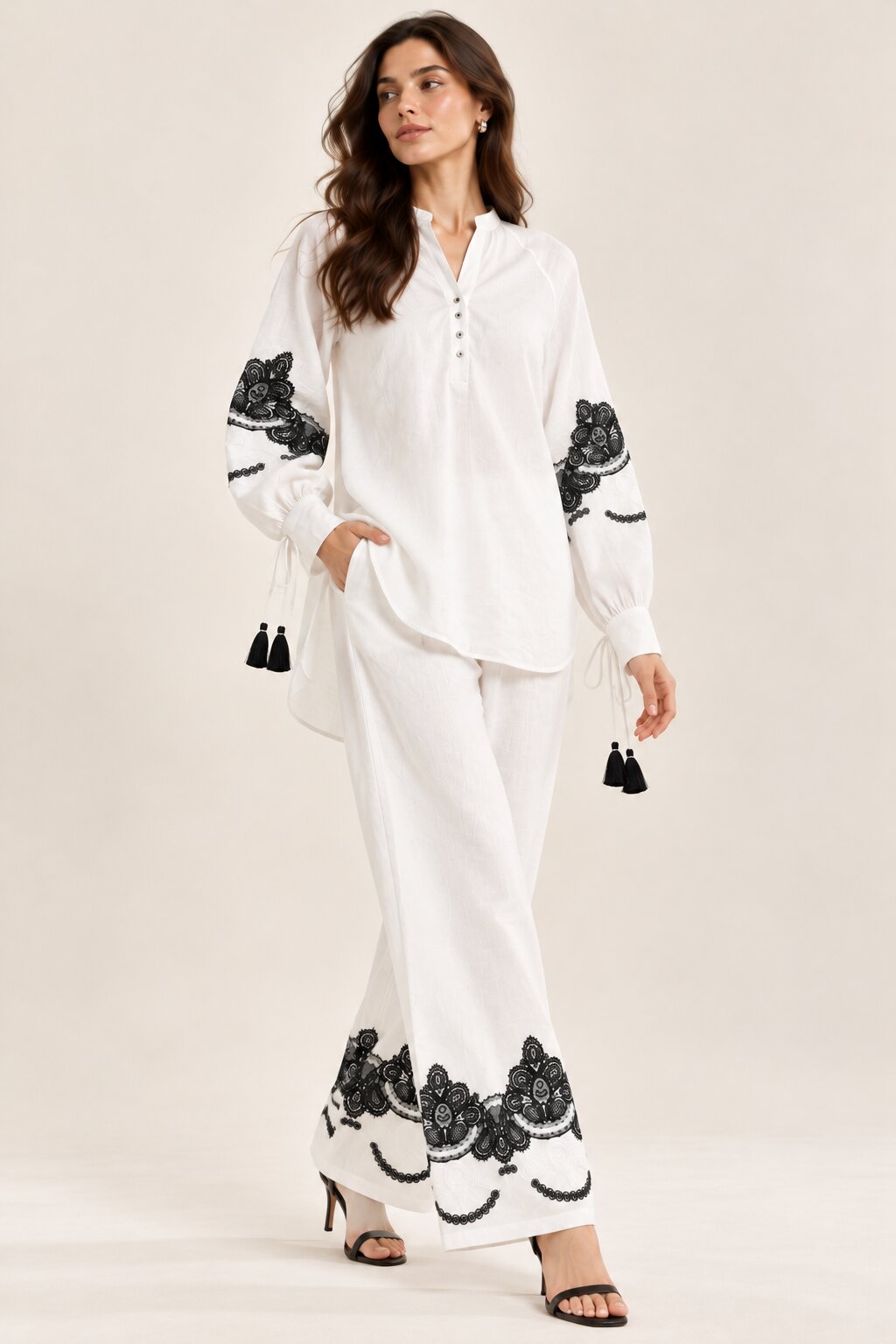 White Co-Ord Set with Black Floral Embroidery