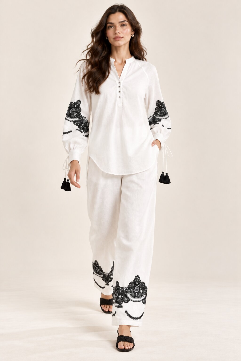 White Co-Ord Set with Black Floral Embroidery