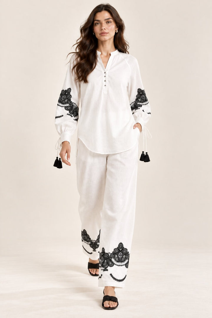 White Co-Ord Set with Black Floral Embroidery
