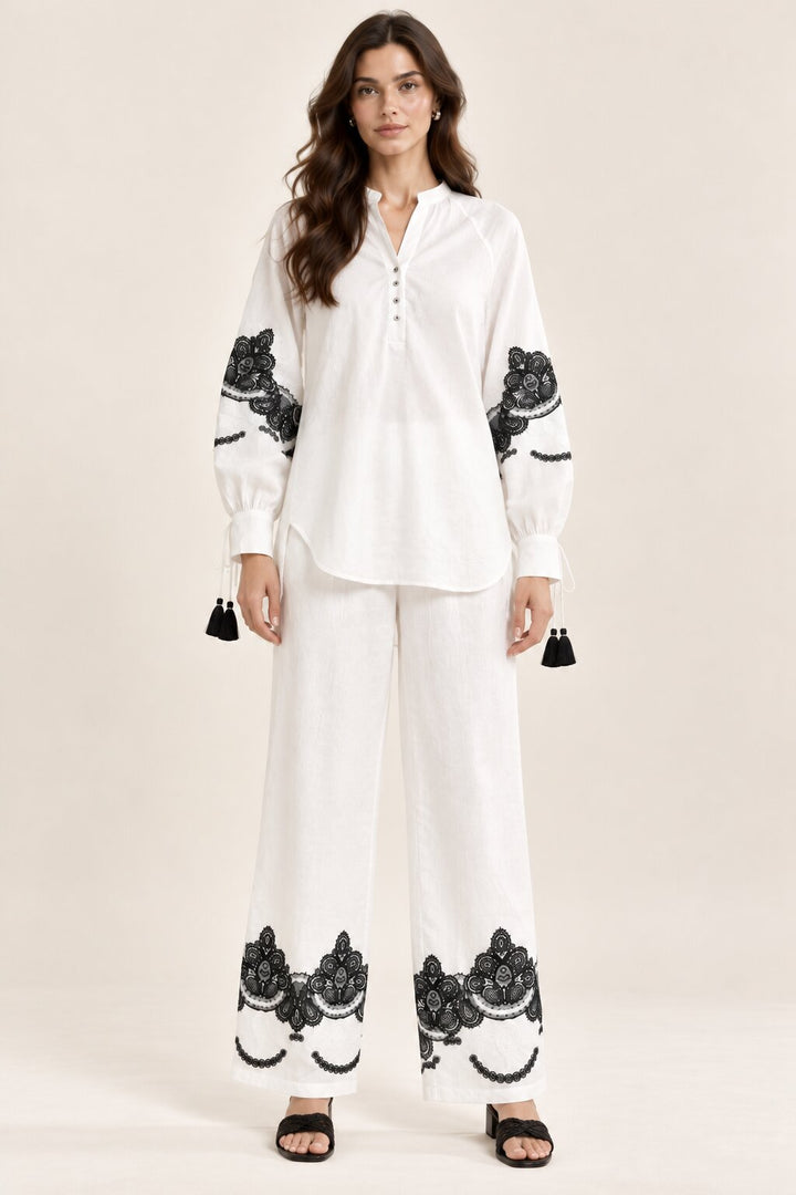 White Co-Ord Set with Black Floral Embroidery