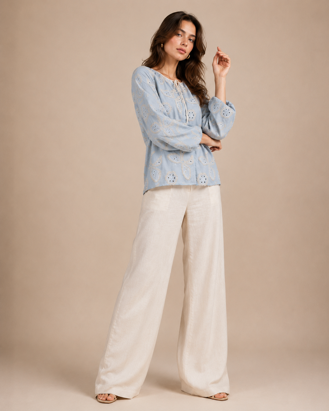 Butterfly Embroidered Tie-Neck Top