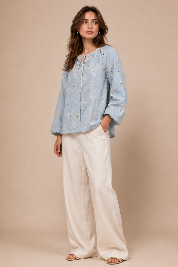 Butterfly Embroidered Tie-Neck Top