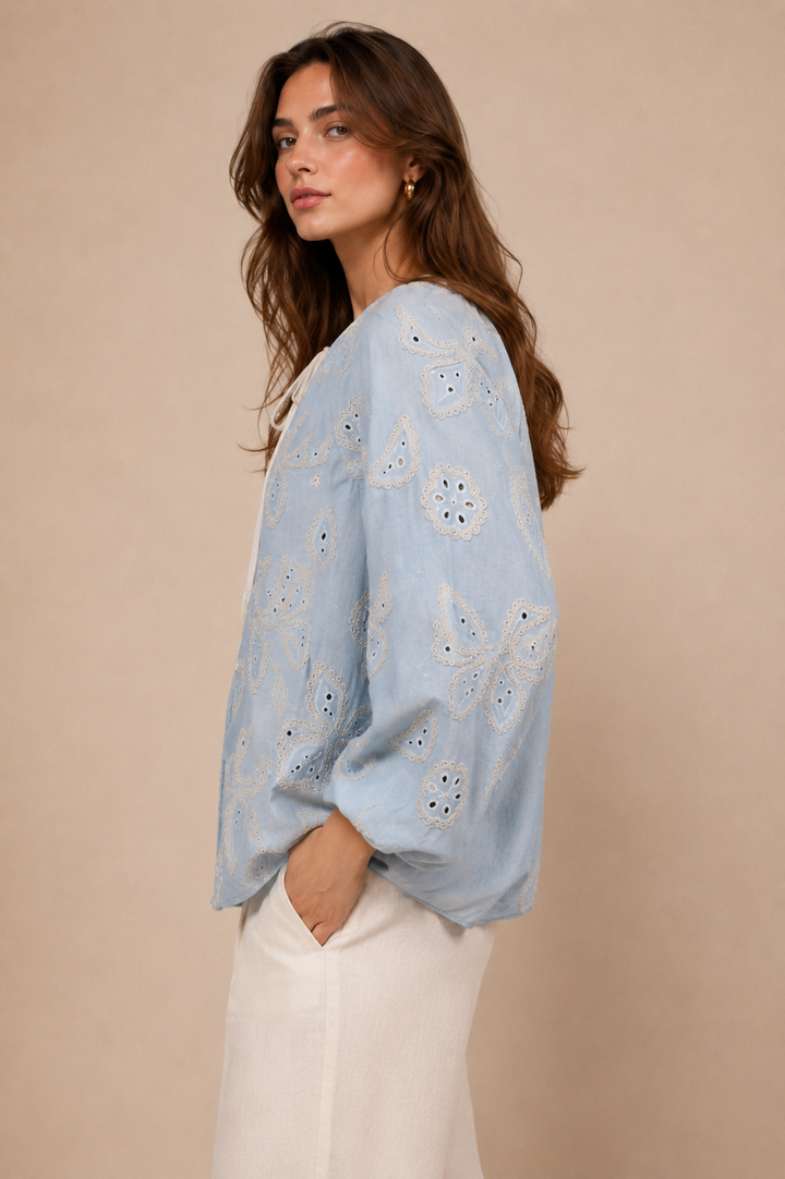 Butterfly Embroidered Tie-Neck Top