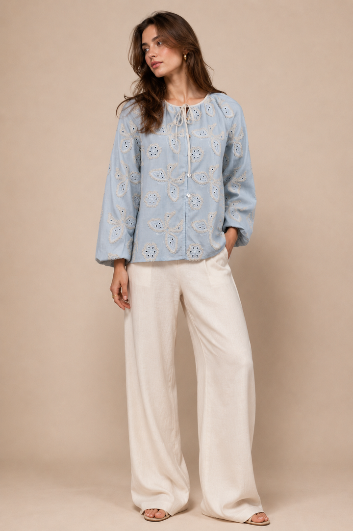 Butterfly Embroidered Tie-Neck Top