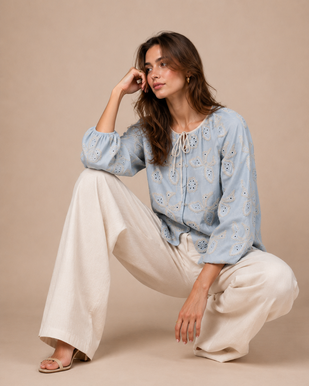 Butterfly Embroidered Tie-Neck Top