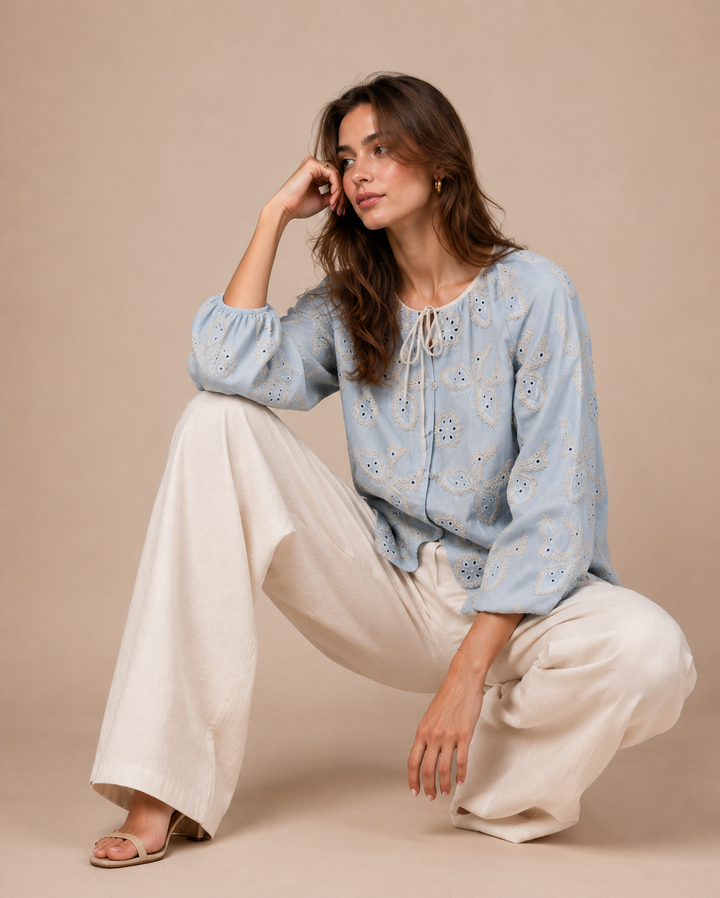 Butterfly Embroidered Tie-Neck Top