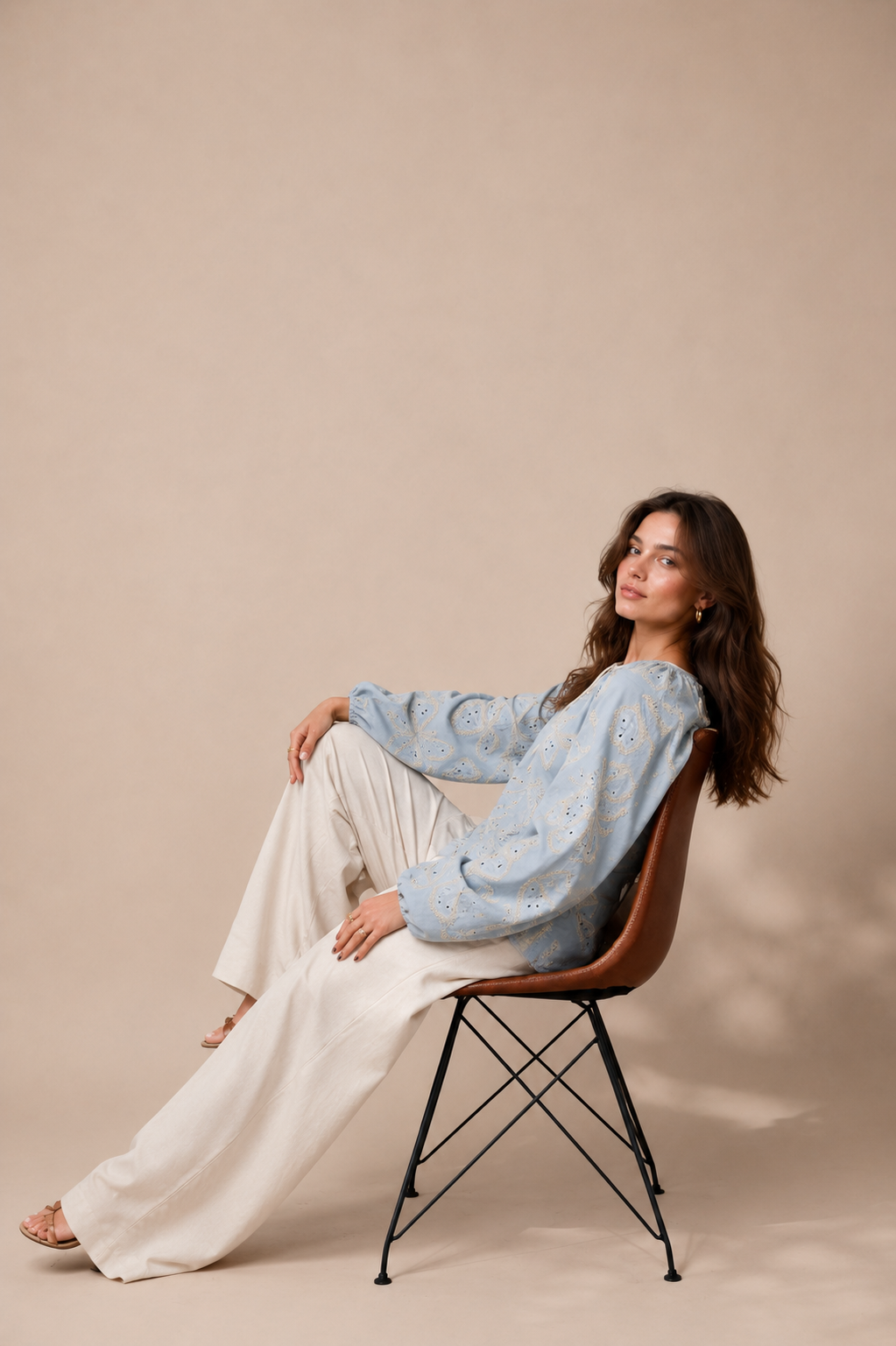 Butterfly Embroidered Tie-Neck Top