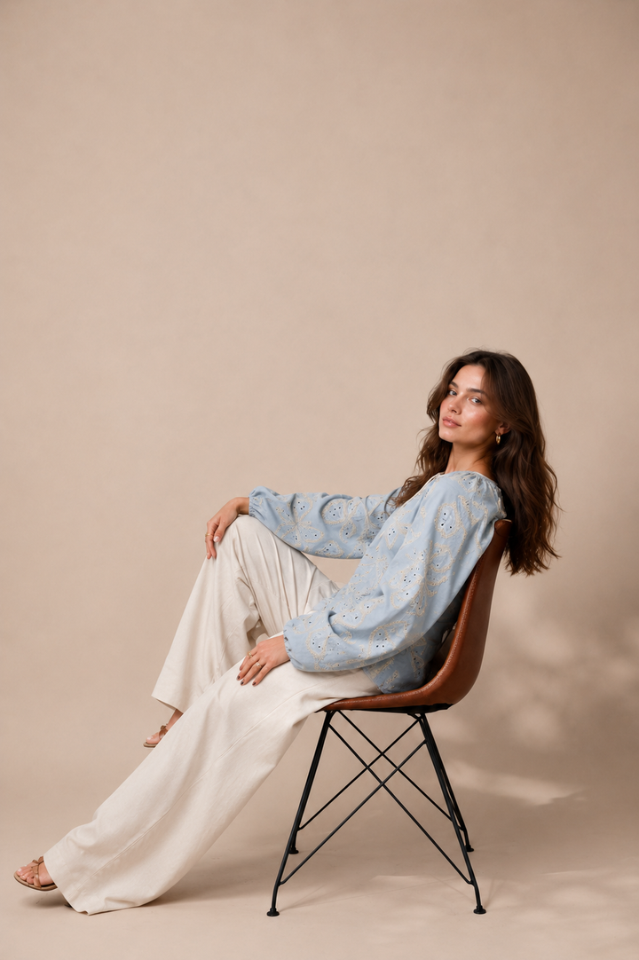 Butterfly Embroidered Tie-Neck Top