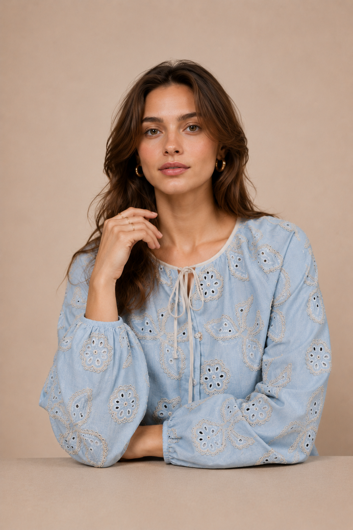Butterfly Embroidered Tie-Neck Top