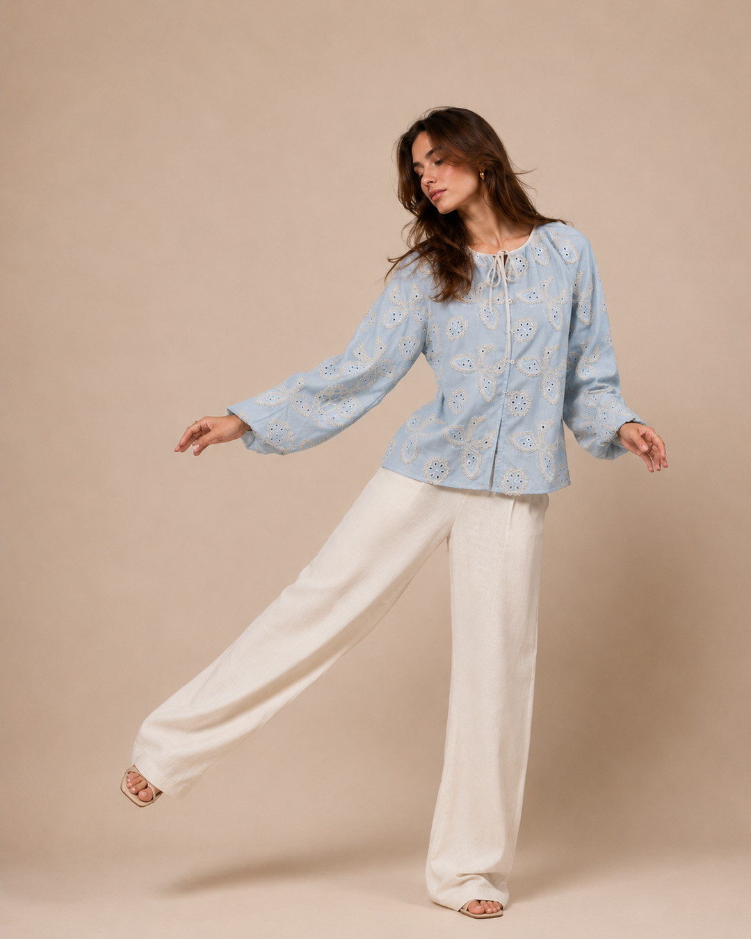 Butterfly Embroidered Tie-Neck Top
