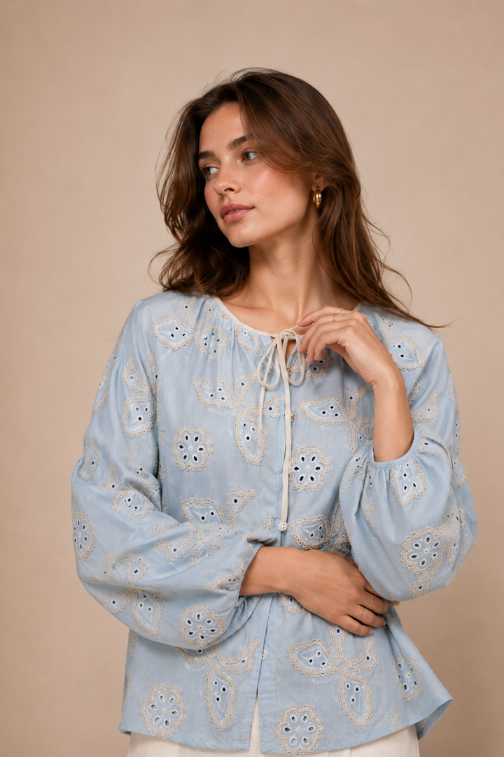 Butterfly Embroidered Tie-Neck Top