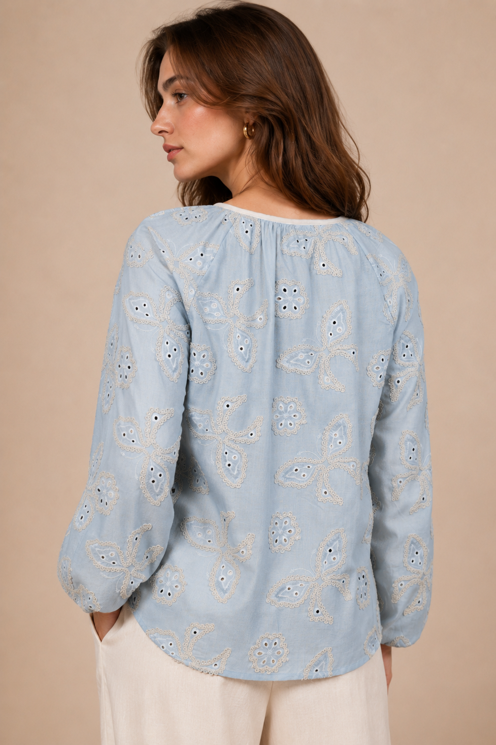 Butterfly Embroidered Tie-Neck Top