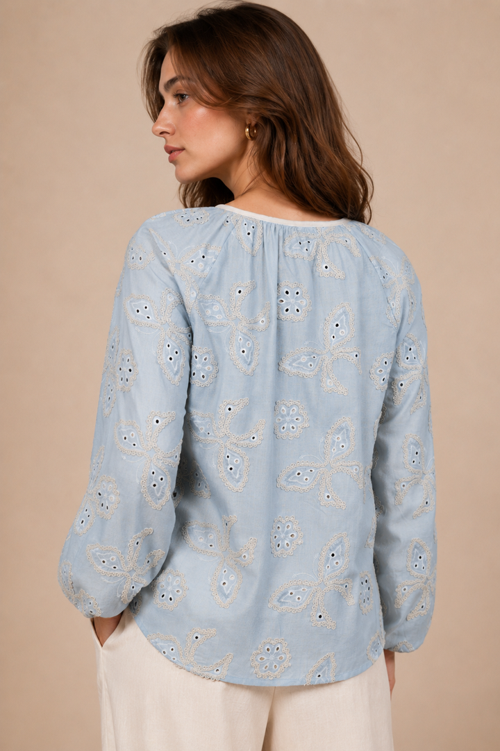 Butterfly Embroidered Tie-Neck Top