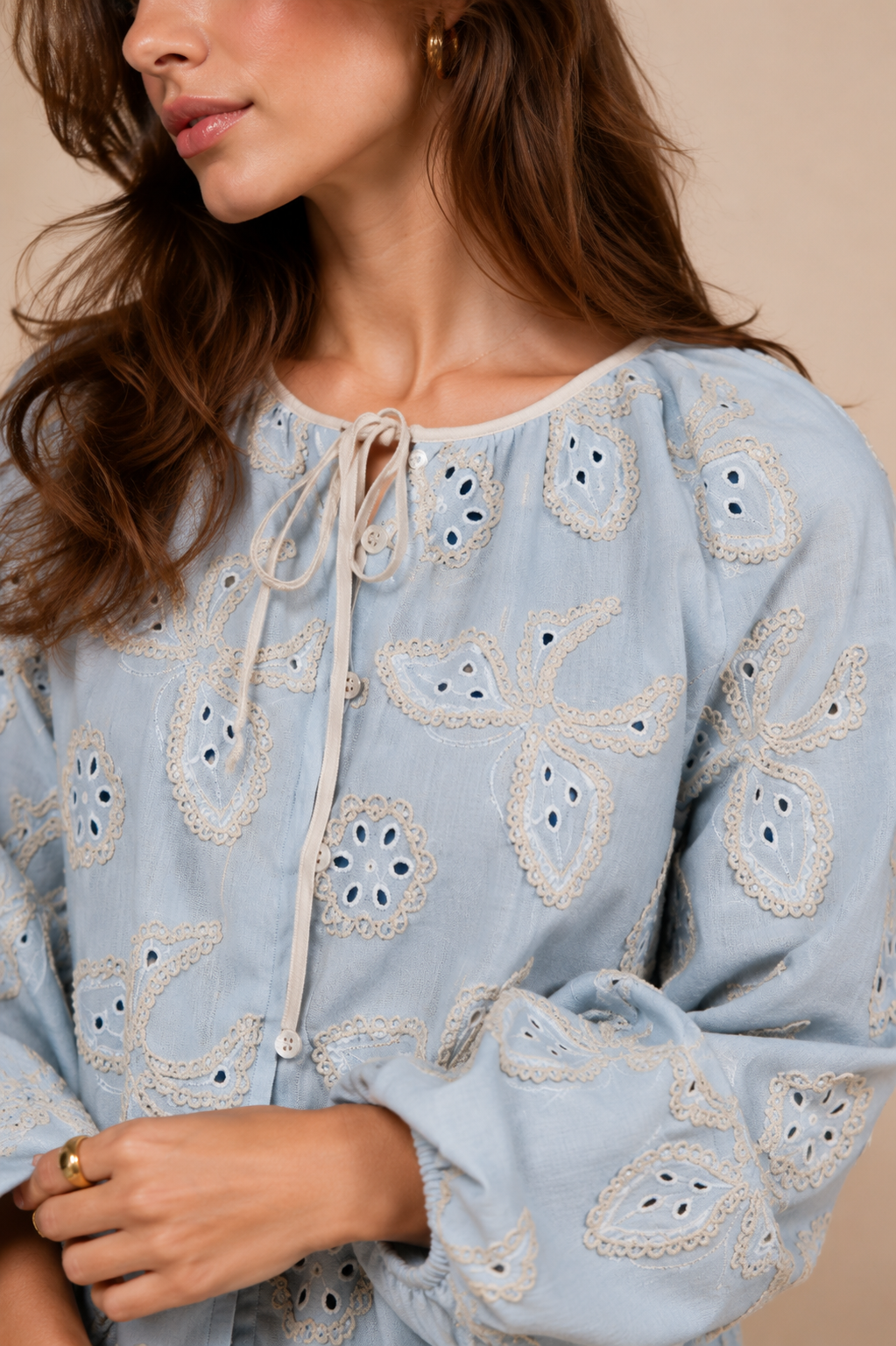 Butterfly Embroidered Tie-Neck Top