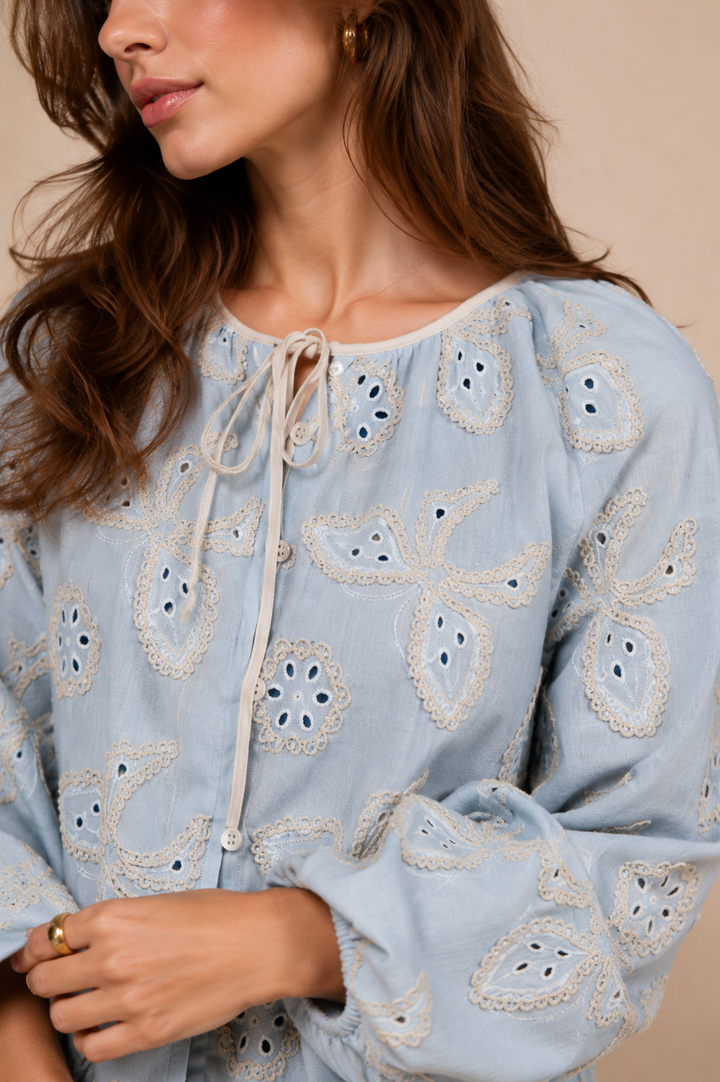 Butterfly Embroidered Tie-Neck Top