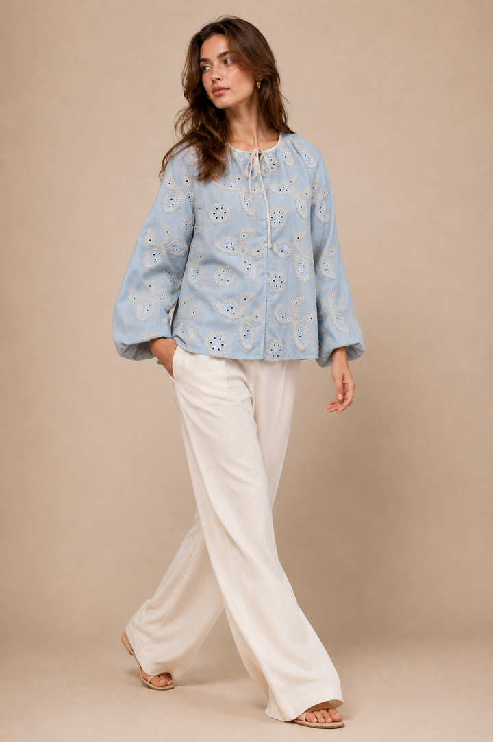 Butterfly Embroidered Tie-Neck Top