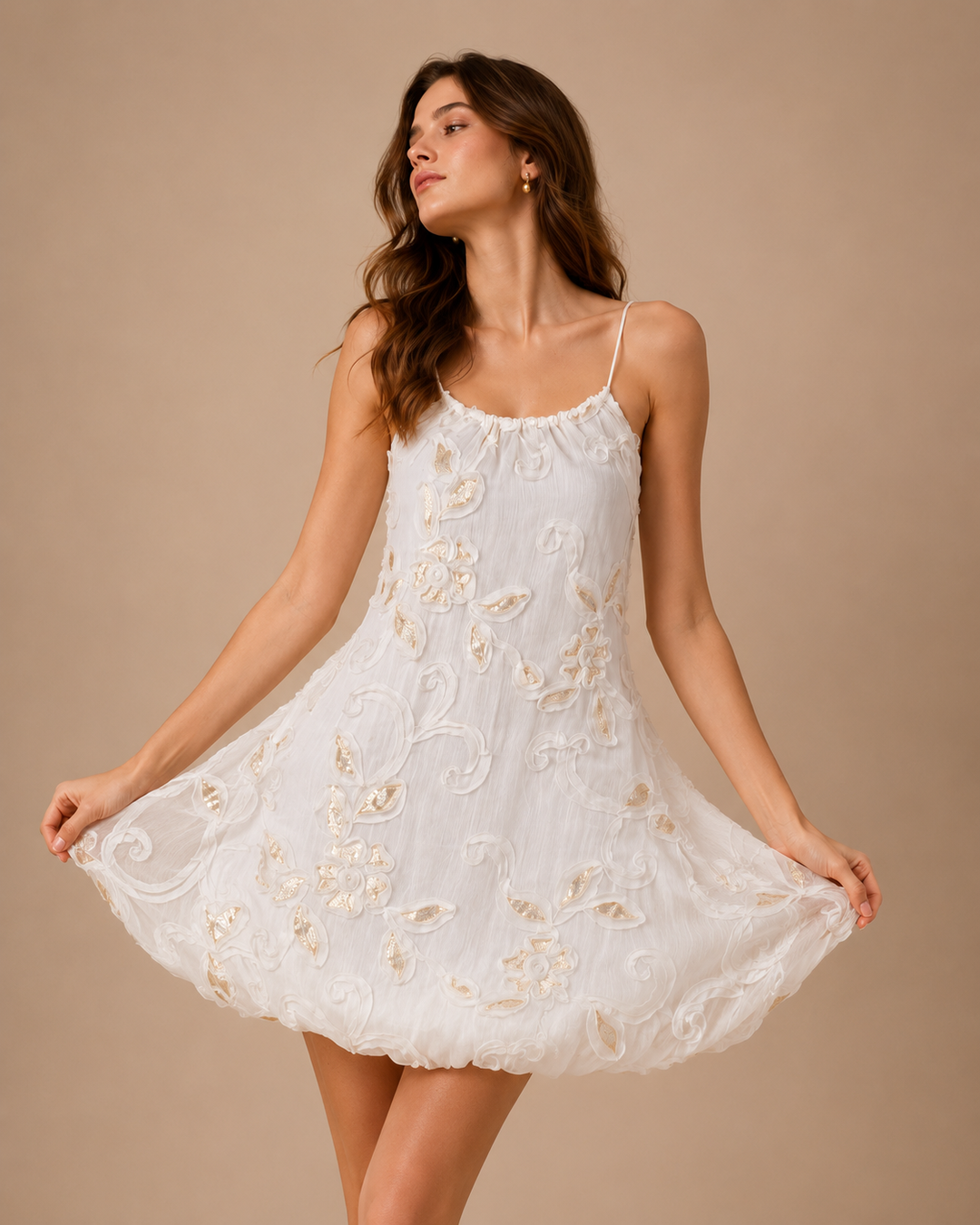 Sequin Floral Balloon Hem Mini Dress