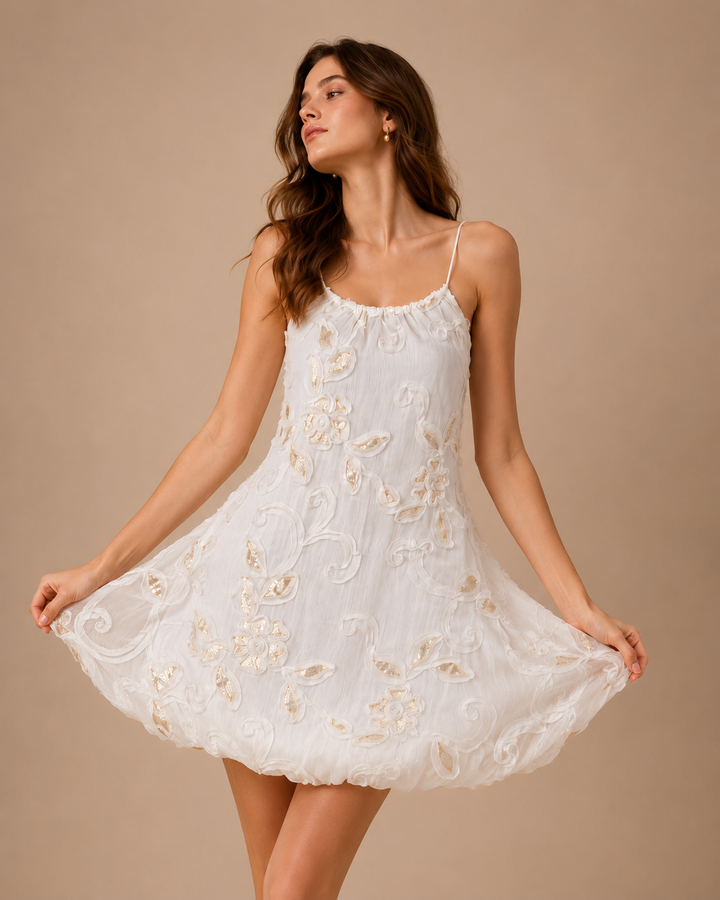 Sequin Floral Balloon Hem Mini Dress