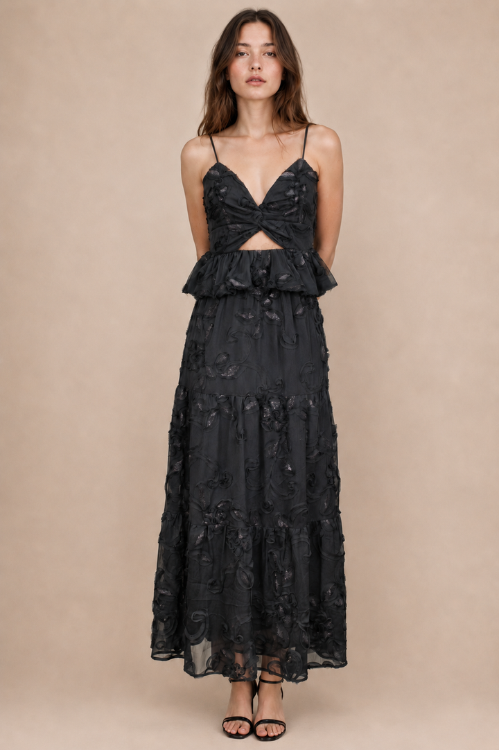 Floral Appliqué Peplum Top &amp; Maxi Skirt Set