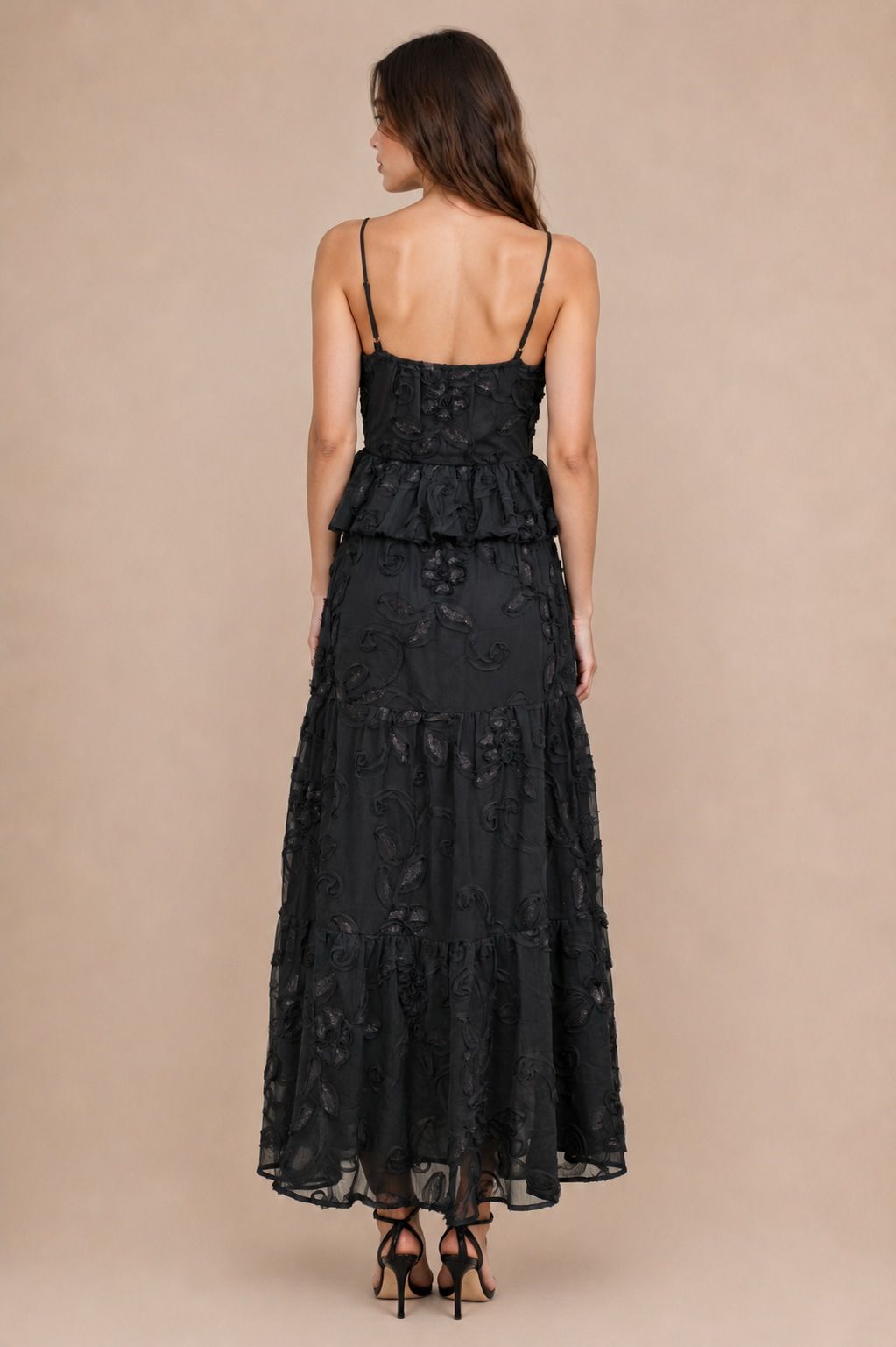 Floral Appliqué Peplum Top &amp; Maxi Skirt Set