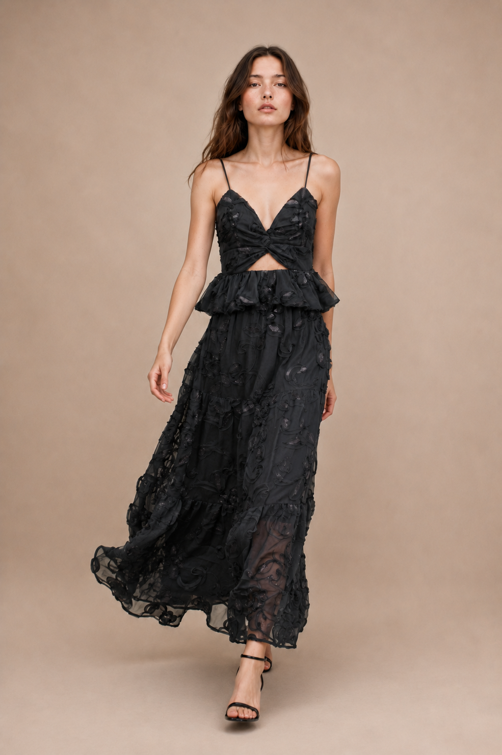 Floral Appliqué Peplum Top &amp; Maxi Skirt Set