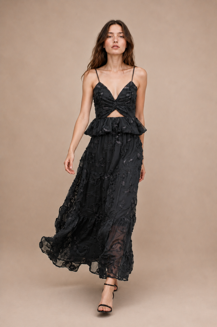 Floral Appliqué Peplum Top &amp; Maxi Skirt Set