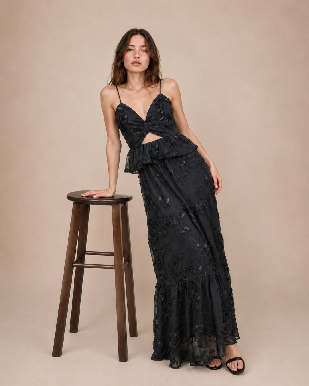 Floral Appliqué Peplum Top &amp; Maxi Skirt Set