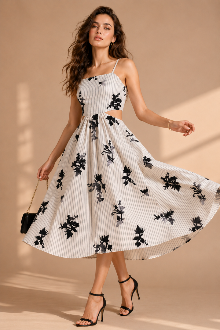 Lace-Up Back Striped Midi Dress