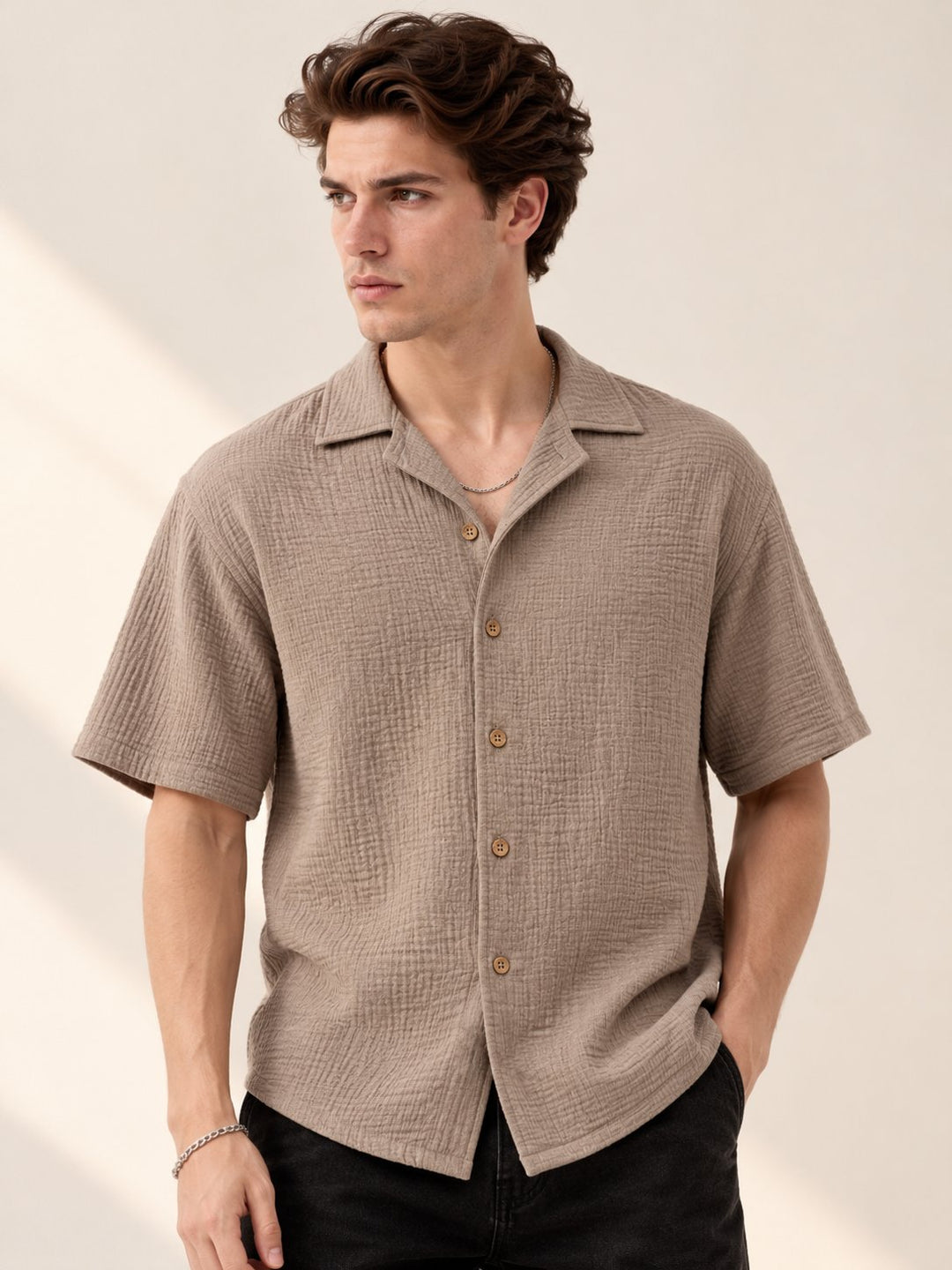 Mocha Beige Textured Short Sleeve Shirt