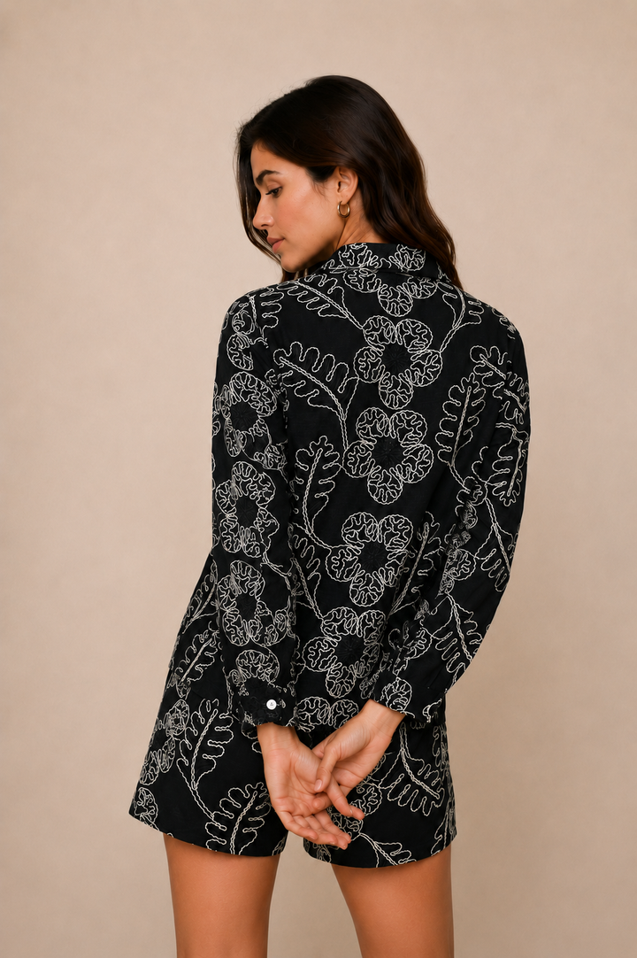 Monochrome Embroidered Linen Co-Ord Set