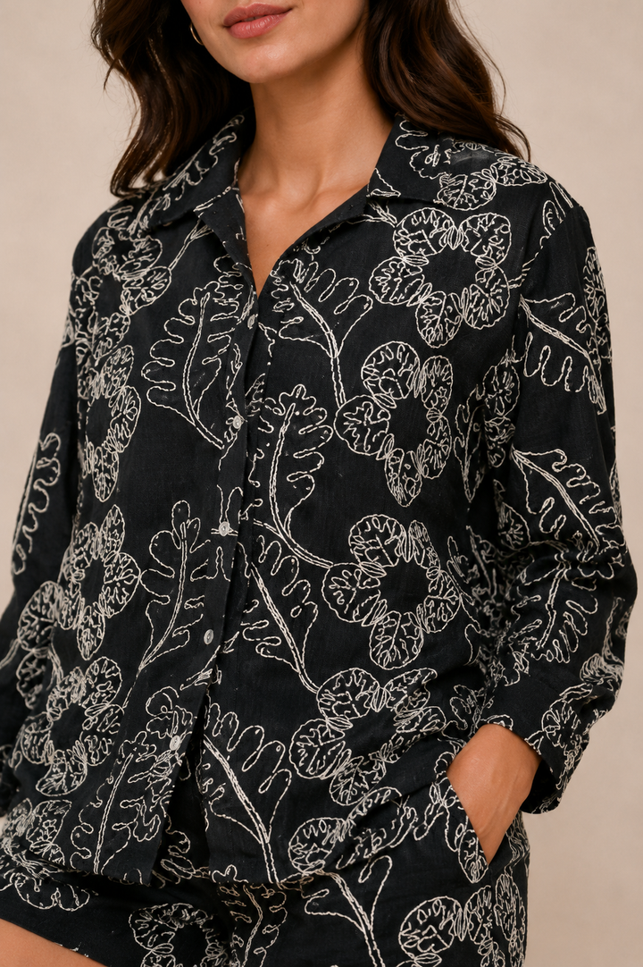Monochrome Embroidered Linen Co-Ord Set