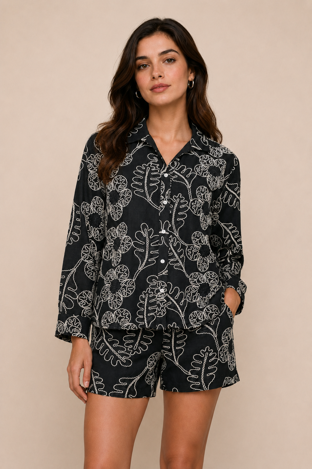 Monochrome Embroidered Linen Co-Ord Set