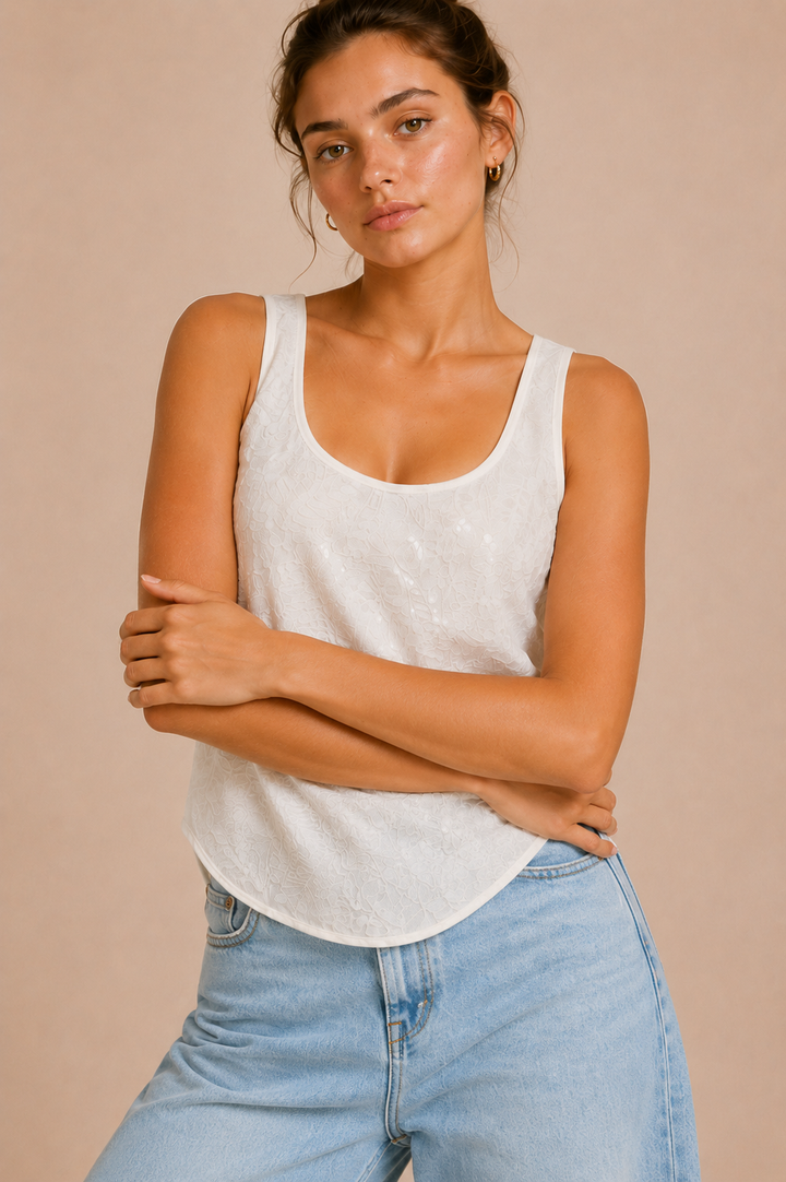 Sequin Embroidered Round Hem Tank Top