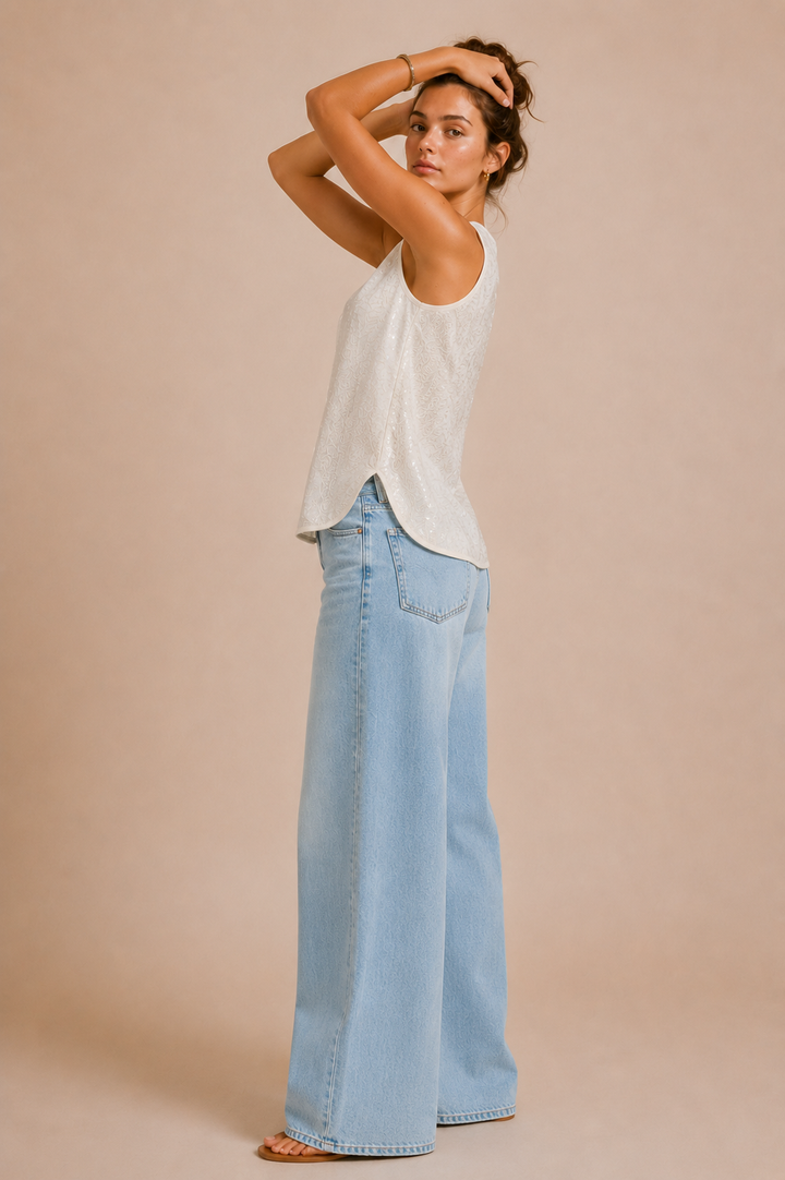 Sequin Embroidered Round Hem Tank Top